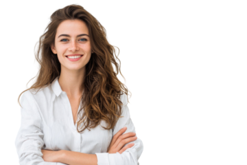 Portrait of 30 years old smiling woman looking at camera with crossed arms. Happy girl standing in creative office. Successful businesswoman standing in white background PNG	
