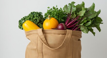 Brown fabric grocery bag with fresh vegetables