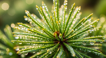 A close-up of glossy pine needles with sparkling dew drops, highlighting their vibrant green color.