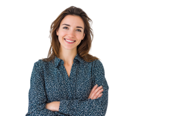 Portrait of 30 years old smiling woman looking at camera with crossed arms. Happy girl standing in creative office. Successful businesswoman standing in white background PNG	
