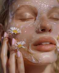 Macro beauty portrait of a blonde woman with translucent gel sheet mask, chamomile flowers, closed eyes, dewy skin, soft light, pastel nails.
