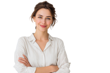 Portrait of 30 years old smiling woman looking at camera with crossed arms. Happy girl standing in creative office. Successful businesswoman standing in white background PNG