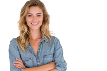 Portrait of 30 years old smiling woman looking at camera with crossed arms. Happy girl standing in creative office. Successful businesswoman standing in white background PNG	