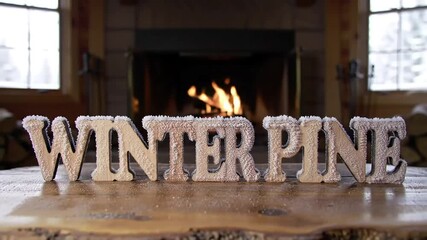 The words "WINTER PINE" in frosty wood letters are set on a wooden table in front of a glowing fireplace in a rustic room - Powered by Adobe