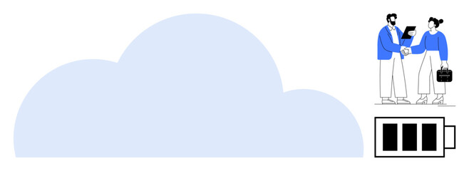 Cloud icon with two businesspeople shaking hands and using laptops, paired with a low battery indicator. Ideal for teamwork, technology, cloud storage, innovation, energy management, productivity