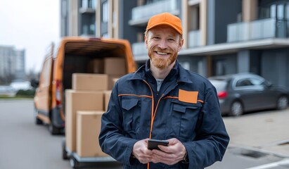Smiling delivery man with packages and smartphone standing next to van outdoors