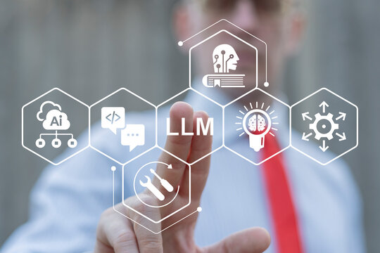 LLM Large Language Model AI Technology Concept. Person using virtual touch screen push acromym: LLM. Artificial intelligence deep learning machine.