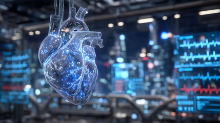 Glowing cybernetic heart suspended in a glass chamber, connected to futuristic monitors displaying EKG waves and pulse readings,