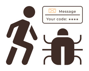 Person fleeing from a malware bug with a secure code message. Ideal for cybersecurity, alert systems, hacking prevention, technology risks, data protection, emergency response, simple flat metaphor