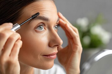 Obraz premium Close-up of a mature woman applying eyebrow makeup for her beauty routine.