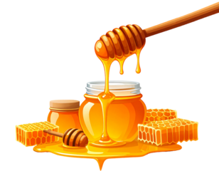 Honey dripping from dipper into glass jars with honeycomb and honey on black background