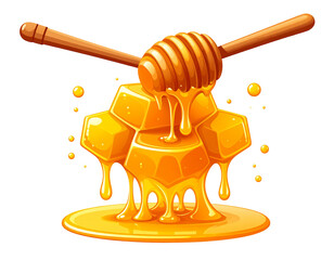 Cartoon honey dipper dripping golden honey over honeycomb 