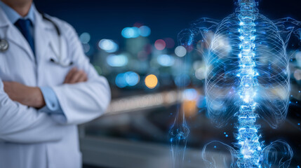 Transparent spinal column displayed in front of a softly blurred background, doctor&acirc;s confident posture emphasizing knowledge and precision,