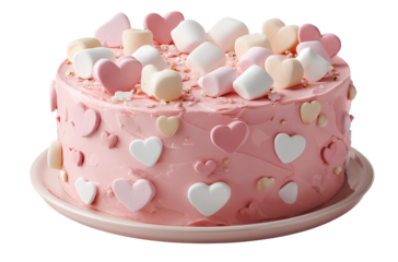 Pink birthday cake with hearts and marshmallows, transparent background, PNG clipart cutout..png (2)