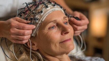 Medium shot highlighting therapists attentive hands calibrating EEG equipment on patients scalp with the stroke survivors relaxed expression blurred in the background.