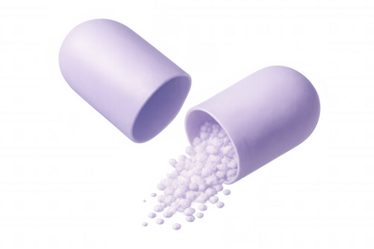 Open medical capsule pouring out granules on a transparent background, ideal for pharmaceutical and healthcare themes