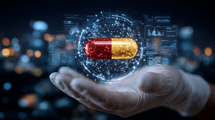 Capsule in red and yellow colors cradled by gloved fingers, surrounded by glowing digital health elements and futuristic HUD displays,