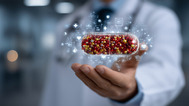 Close-up of red and yellow medication capsule with holographic digital health icons floating dynamically around, doctorâs hand steady in focus,