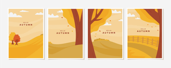 Autumn postcard set with fall landscapes and Hello Autumn text. Vector greeting cards with seasonal design and warm nature colors