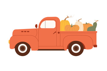 Vintage farm truck loaded with pumpkins in cargo bed on an isolated background. Vector illustration for fall harvest, Thanksgiving decor, seasonal greeting card