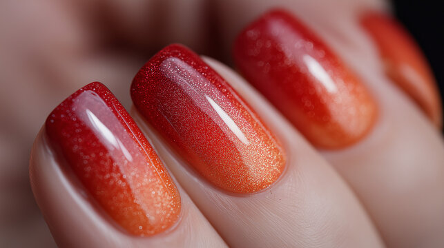 Glossy nail polish drip with red-orange gradient shimmer