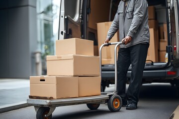 Worker unloading cardboard boxes from delivery van with hand truck
