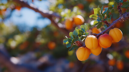 Lush apricot orchard scene focusing on a branch laden with sun-kissed apricots, leaves vibrant and fresh, warm light casting soft shadows and enhancing natural beauty,