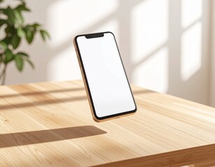 Floating Minimal Smartphone Mockup with Ultra-Thin Bezels on Wooden Desk and Soft Natural Lighting for Modern Technology Branding