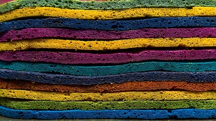 Colorful layered sheets with a porous texture.