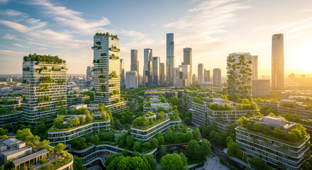 Futuristic eco-friendly urban skyline with green architecture at sunset. Sustainability, renewable energy, ecology, innovation, green design, smart city.