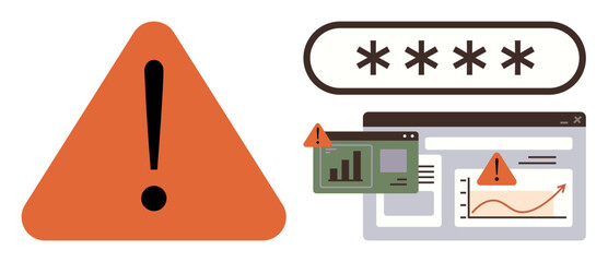 Red triangle warning sign, password field, browser window, and charts with indicators of digital risks. Ideal for cybersecurity, online threats, data leaks, vigilance, security breaches IT systems