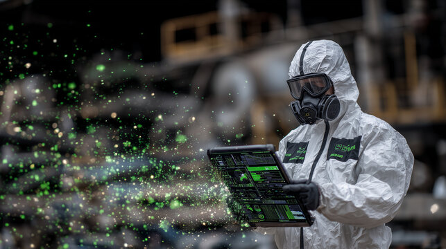 Industrial environment with a worker clad in protective coveralls and modern gas mask, scanning digital displays and monitoring safety levels, conveying high-tech safety measures,