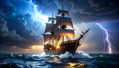 Sailing ship in a storm