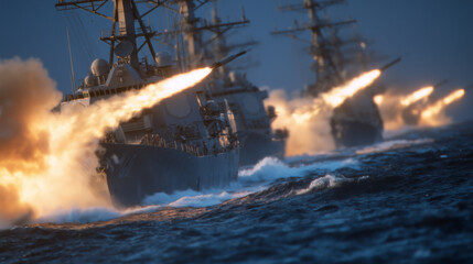 Obraz premium Intense scene of naval vessels firing guided missiles, bursts of flame and smoke illuminating crew faces and the surrounding sea in a precise display of military power,