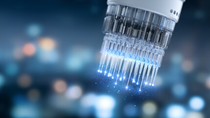 Detailed shot of advanced microneedling device and syringe delivering plasma to the scalp, surrounded by soft blue and white clinical lighting emphasizing safety and effectiveness,