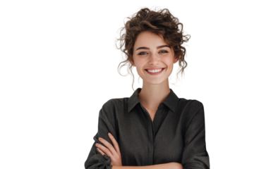 Portrait of 30 years old smiling woman looking at camera with crossed arms. Happy girl standing in creative office. Successful businesswoman standing in white background PNG	
