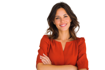 Portrait of 30 years old smiling woman looking at camera with crossed arms. Happy girl standing in creative office. Successful businesswoman standing in white background PNG	
