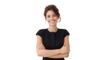 Portrait of 30 years old smiling woman looking at camera with crossed arms. Happy girl standing in creative office. Successful businesswoman standing in white background PNG	