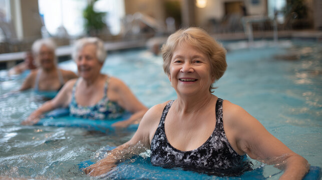 Group of senior women balancing on pool steps and using flotation devices during an engaging water aerobics session, their expressions reflecting health, happiness, and friendship,