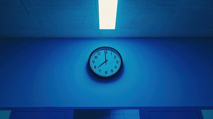 Analog clock on a blue wall under a bright ceiling light representing passing time