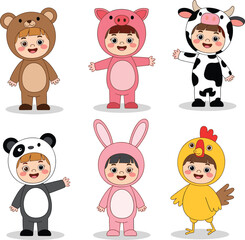 Cartoon children in animal costumes, bear, pig, cow, panda, rabbit, chicken, smiling kids with outstretched arms, colorful vector illustration