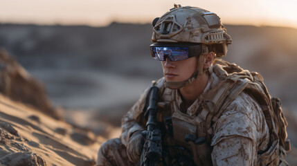 Soldier pausing to scan surroundings with augmented reality goggles, holographic terrain analysis projected before him, golden sunset casting dramatic light across desert sand,