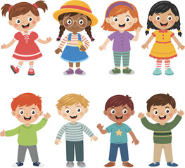 Cartoon children in colorful outfits, diverse hairstyles and accessories, standing in rows, playful character design for education and diversity themes