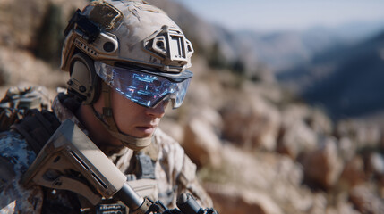 Close shot of AR helmetâs transparent display showing enemy drones and heat signatures as soldier moves stealthily through arid desert landscape, muted earthy tones all around,