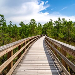 Wooden boardwalk through a sunny forest