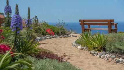 Serene coastal garden path with ocean view and wooden bench
