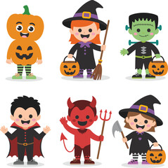 Cartoon children in Halloween costumes, pumpkin, witch, vampire, Frankenstein, devil, festive kids with props and baskets, vector illustration set
