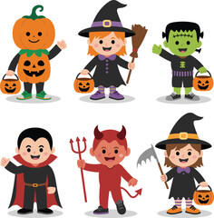 Cartoon children in Halloween costumes, pumpkin, witch, vampire, Frankenstein, devil, festive kids with props and candy buckets, vector illustration set