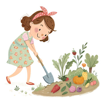 Cute Cartoon Girl Gardening with Shovel and Vegetables &ndash; Watercolor Character Illustration on Solid White Background
