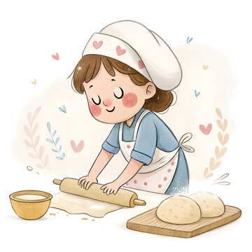 Watercolor Cute Child Baking Bread &ndash; Cartoon Character Illustration on Solid White Background